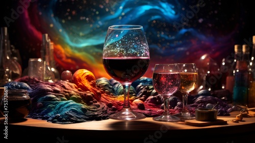 Enchanting galactic wine in a dreamy universe setting painted in magical multicolor