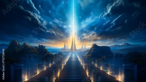 Digital art of a door to the future a pathway of bright prospects leading to business success