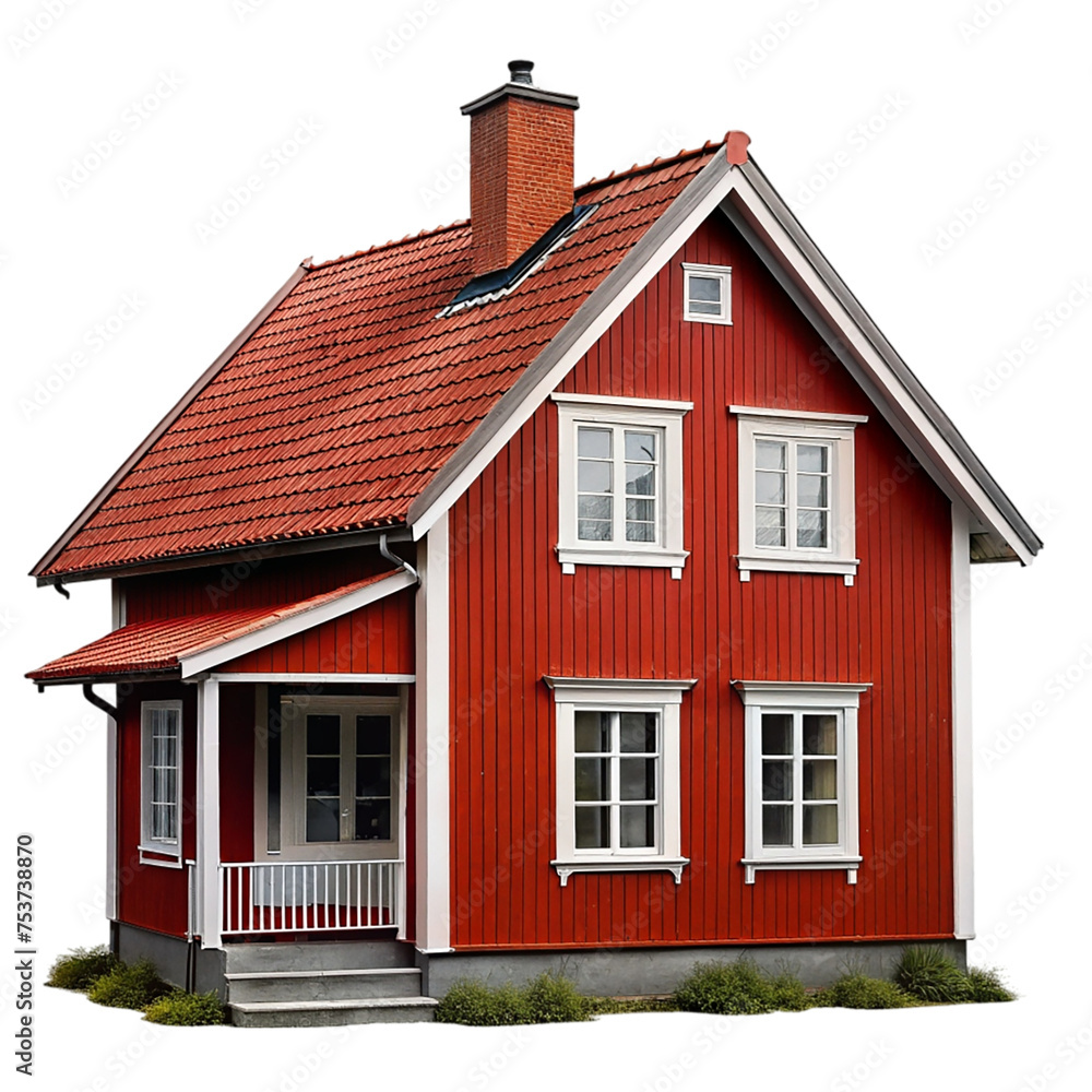 Red wooden house isolated on transparent background.