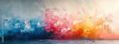 Surreal mural with a sweeping blend of floral-like shapes and a gradient from deep blue to vivid red and soft pink, creating a dreamlike ambiance.