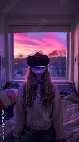 Beautiful young college girl wearing a meta quest vr headset in a dorm room with a dusk sky outside the windows. AI Generated