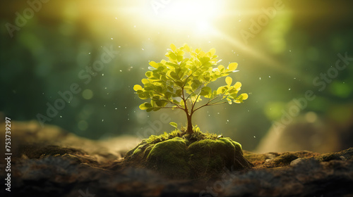Tiny sprout seedling of a tree in sunlight. Symbol of ecology, nature and the beginning of life and growth concept