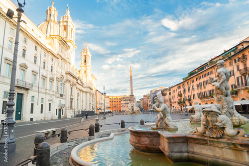 panoramic view of Piazza Navona in Rome with ancient fountain, Italy, toned