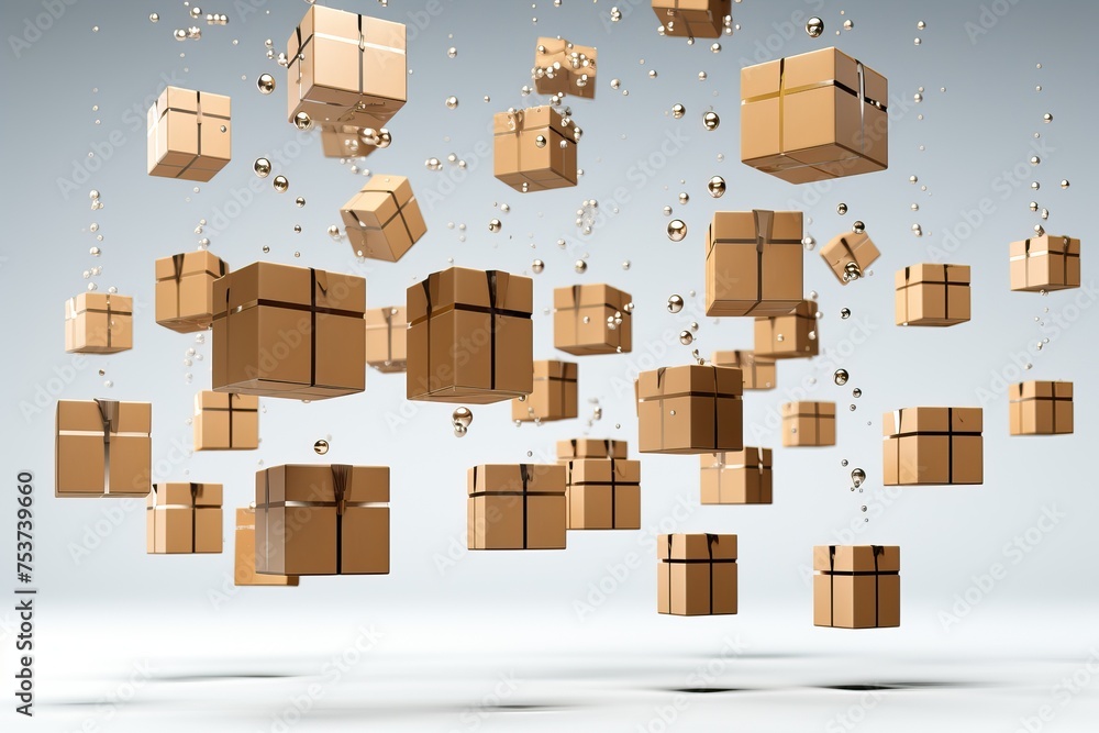 many paper boxes falling down on a gray background, the concept of fast delivery of parcels.
