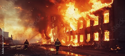 Massive big fire in the city, burning building, explosion, firefighters on duty. generative ai
