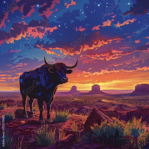 Illustration of a Texas Longhorn Steer in the desert at sunset