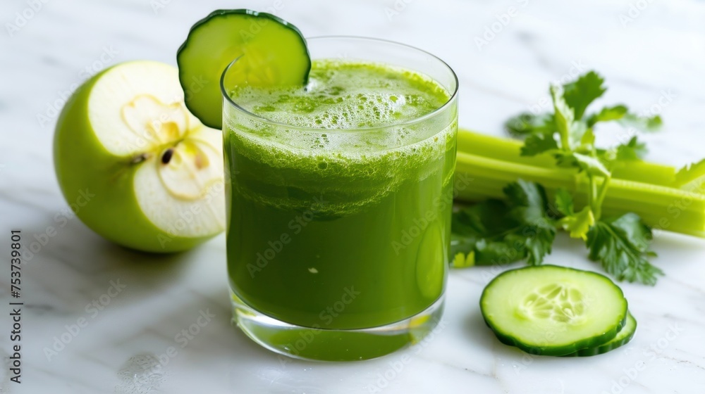 Cold-pressed green juice, mix of cucumber, apple, and celery, refreshing and clean, white minimalist setting. Cold-pressed green juice, mix of cucumber, apple, and celery, refreshing and clean, white minimalist setting.