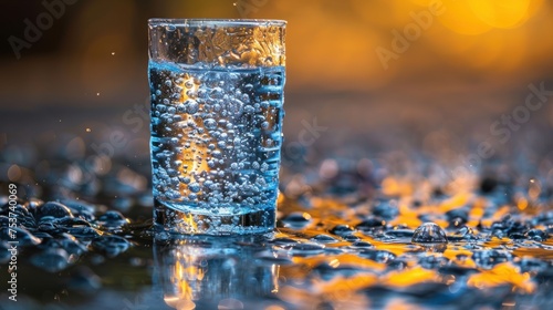 a glass filled with water sitting on top of a glass table covered in yellow and blue bubbles and water droplets. photo
