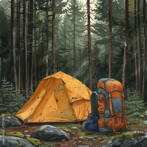 A yellow tent is set up in a forest with a backpack nearby