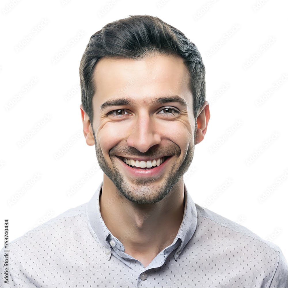 Obraz premium Portrait of young happy smiling man, isolated on transparent background.