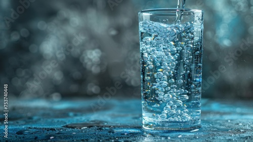 a glass filled with water sitting on top of a table next to another glass filled with water on top of a table.