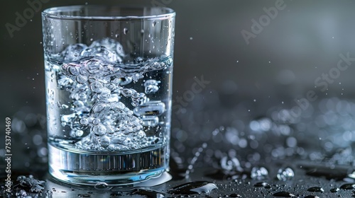 a glass filled with water sitting on top of a black table covered in lots of drops of water on top of a black surface. photo