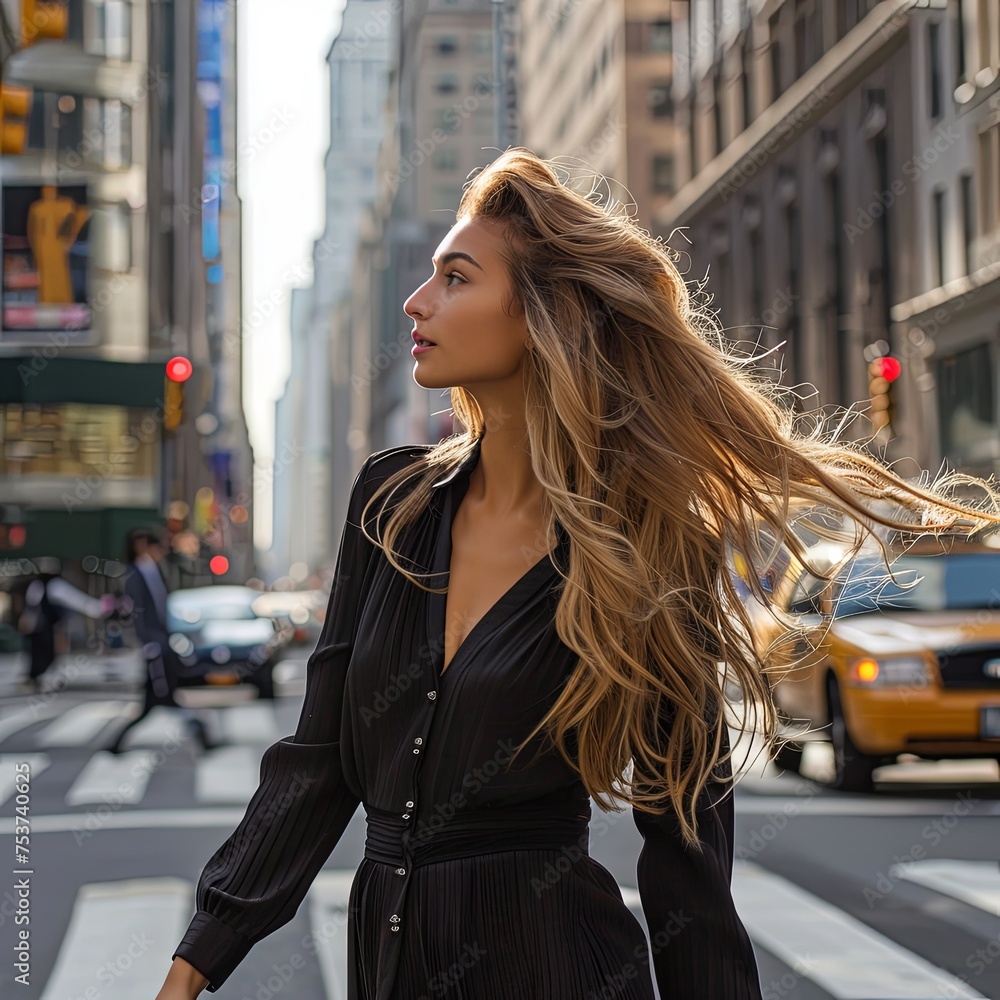 A woman with long, layered blond hair walks down the city street