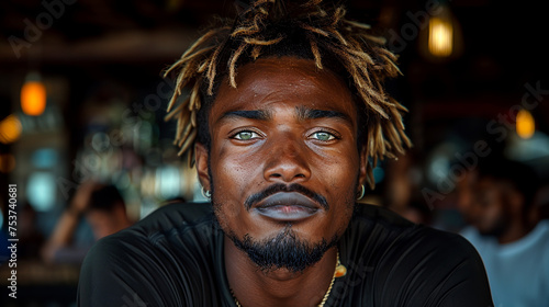 A photo of an attractive young black man sitting in a bar. He has messy blonde hair and soft green eyes. Casual at night time with people around him.