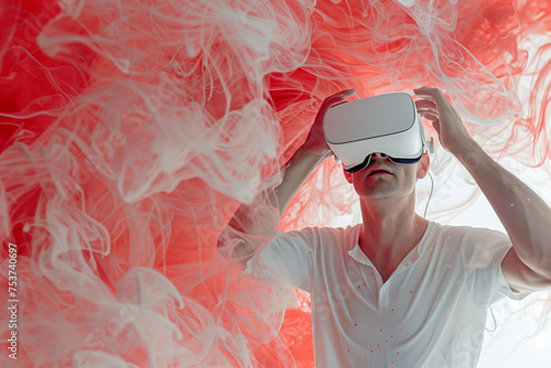 man is in a white Virtual Reality headset against background stock photo. White and light red smoke background. AI Generated. photo