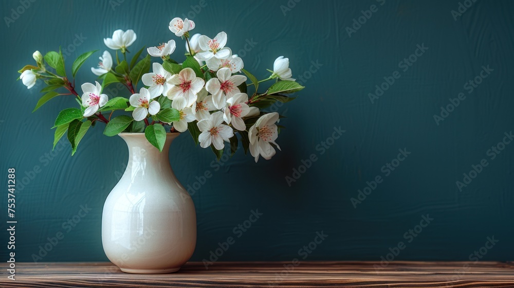 a white vase filled with white and pink flowers on top of a wooden table with a blue wall in the background. a white vase filled with white and pink flowers on top of a wooden table with a blue wall in the background.