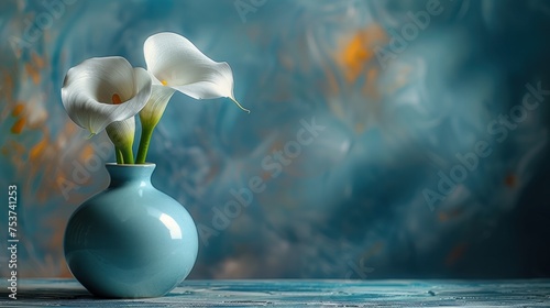 a blue vase filled with white flowers on top of a wooden table next to a painting of a blue sky. photo