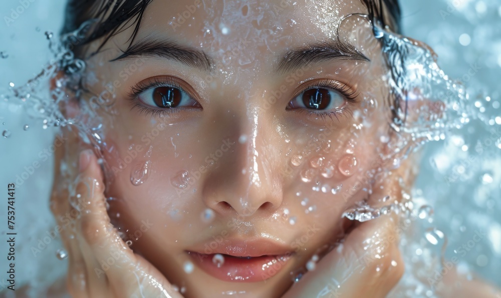 Close-up of a serene young woman's face partially submerged in water, with droplets suspended around her and a tranquil expression