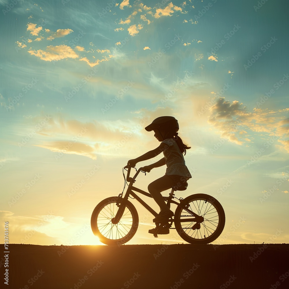 Fototapeta premium girl rides a bike in nature in a park on the road. daughter plays on a bicycle, rides along the road. generative ai