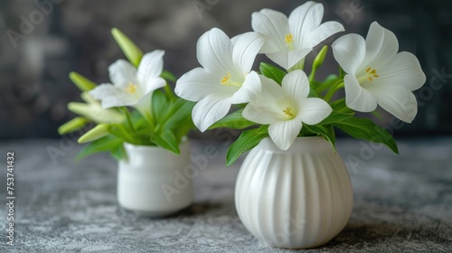 a couple of white vases sitting on top of a table next to each other with white flowers in them.