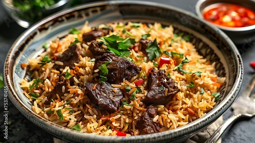 bariis iskukaris dish with spiced rice and meat
