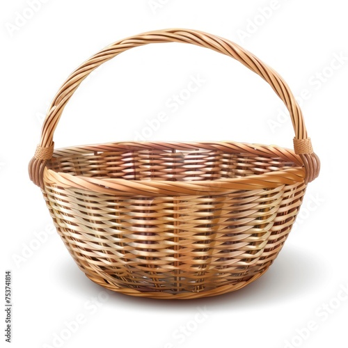 A basket is empty and sitting on a white background. The basket is made of wicker and has a handle