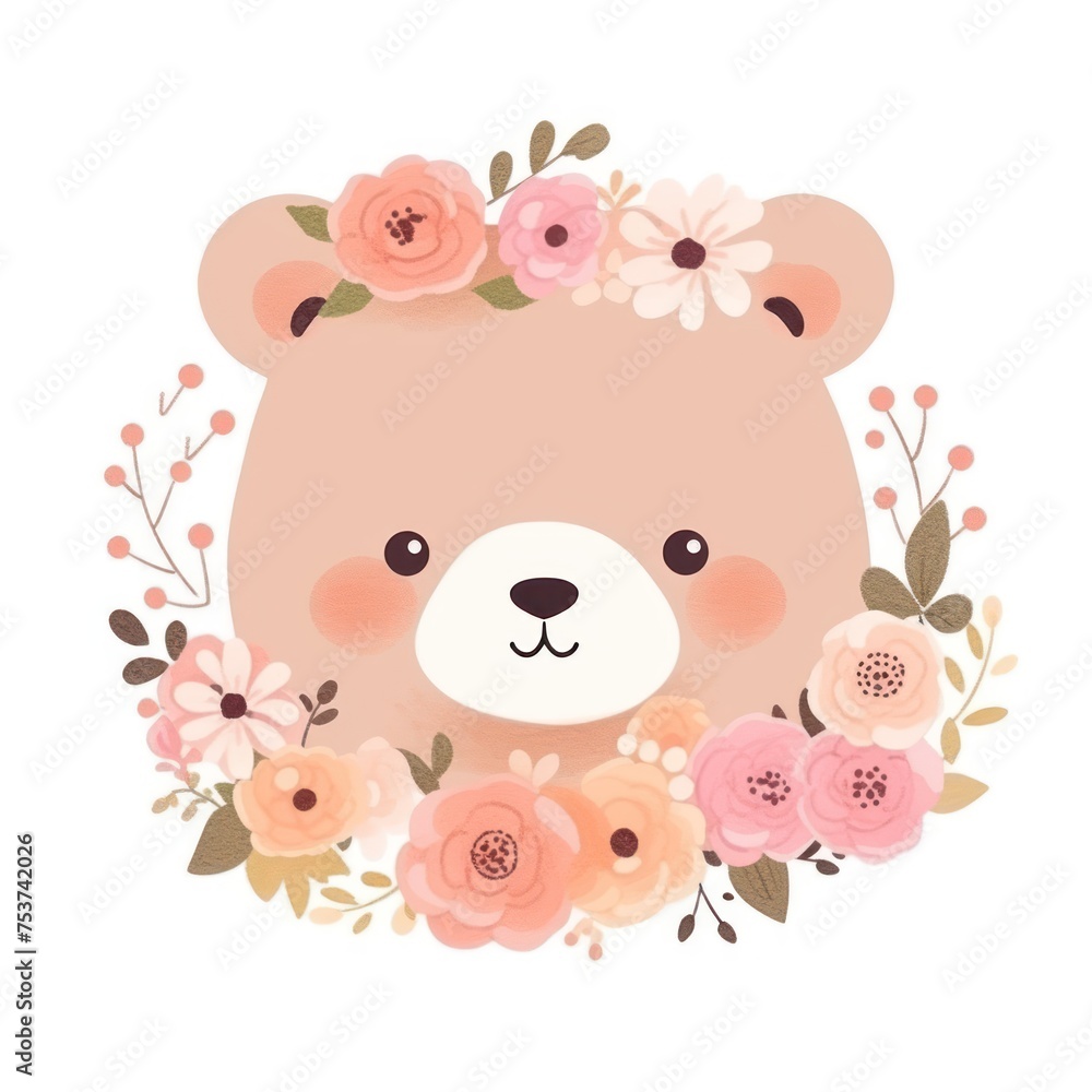 vector illustration cartoon cute bear with a flower crown on its head. The bear has a happy expression and is surrounded by a colorful floral arrangement vector illustration cartoon cute bear with a flower crown on its head. The bear has a happy expression and is surrounded by a colorful floral arrangement