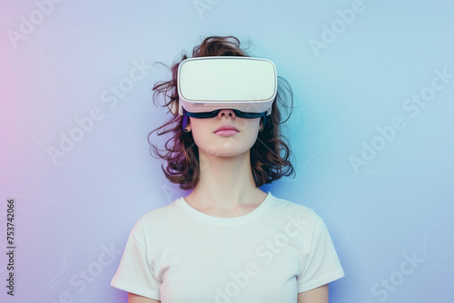 woman is in a white Virtual Reality headset against background stock photo. AI Generated