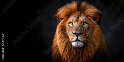Amajesticgoldenlionwithafierymaneanddarkbackdrop. Concept Wildlife Photography, Lion Portrait, Golden Mane, Dark Background, Majestic Animal © Ян Заболотний