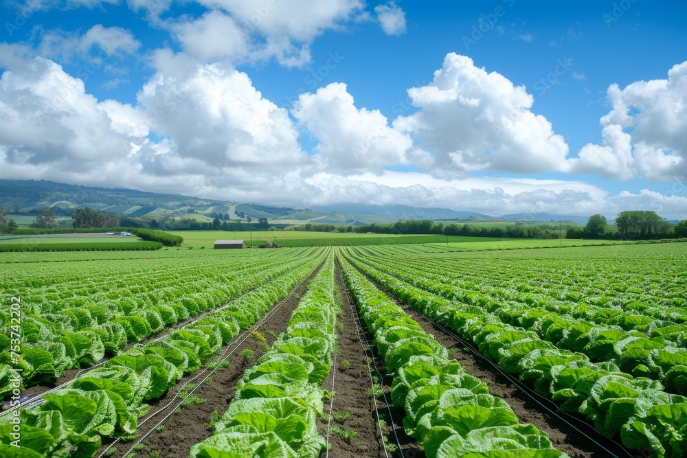 A large field of lettuce planted in beautiful rows and a blue sky