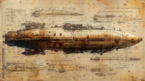 detailed blueprint of a steampunk airship. Blueprint, odd, steampunk themed,generative ai