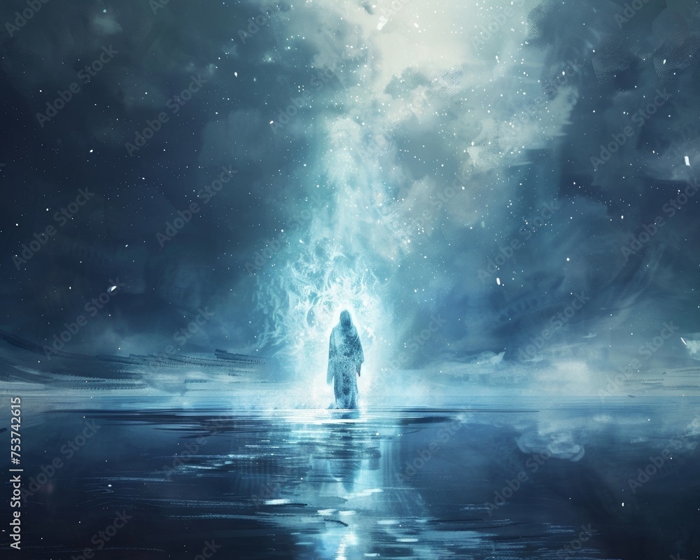 A spectral Jesus Christ his form ethereal walking on water under a starlit sky A spectral Jesus Christ his form ethereal walking on water under a starlit sky