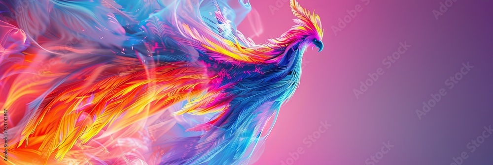 Fototapeta premium Neon phoenix emerging from a desktop screen its feathers shimmering with digital energy against a vivid backdrop