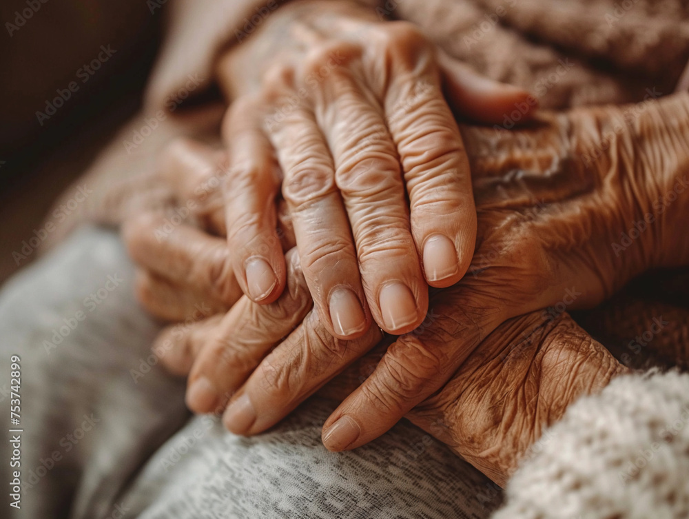 Fototapeta premium Senior patient is holding caregiver for a hand while spending time together. Closeup. 