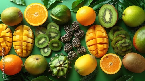 a bunch of different types of fruit on a green surface with leaves and oranges on the side of the picture. © Shanti