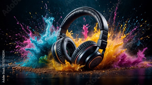 Stereo headphones exploding in festive colorful splash, dust and smoke with vibrant light effects on loud music sound, pulse, bass and beats, ready for party photo