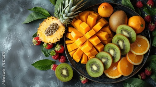 a plate of fruit including oranges, kiwis, strawberries, and pineapples on a table.