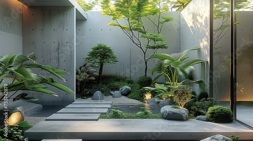 A modern minimalist concrete residential atrium with graceful plants. Generative AI. photo