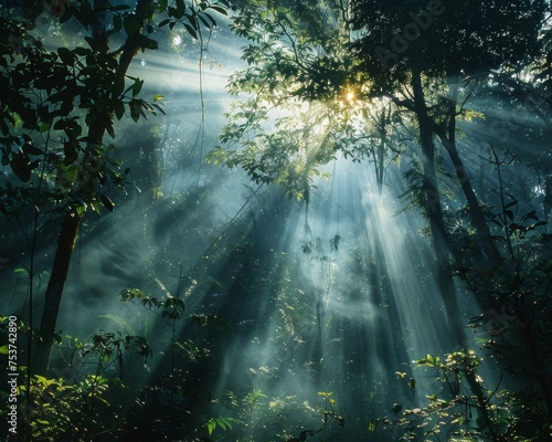 Shadow forests pierced by light beams ethereal rays filtering through dense canopy highlighting natures contrasts