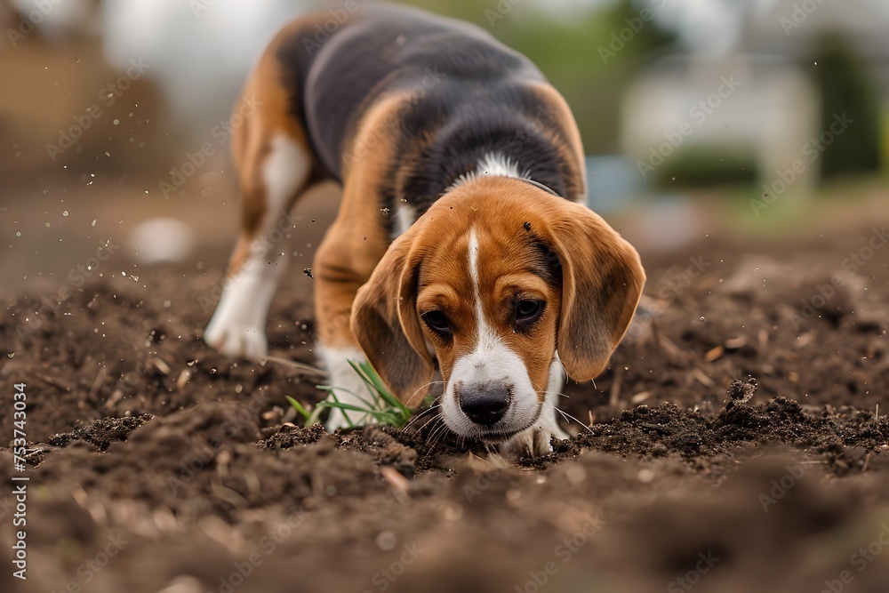 Beagle Sniffing Dirt in its Yard