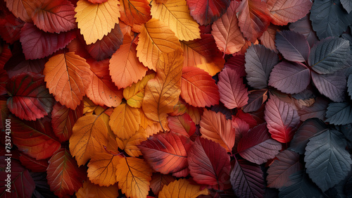 A close up of autumn leaves with a mix of red, orange, and black colors photo