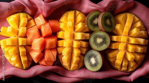 a bunch of cut up fruit sitting on top of a pink cloth next to a piece of fruit on top of a pink cloth.