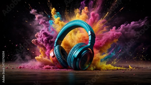 Stereo headphones exploding in festive colorful splash, dust and smoke with vibrant light effects on loud music sound, pulse, bass and beats, ready for party photo
