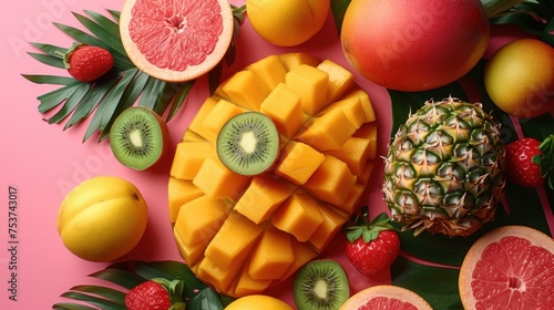 a pineapple, kiwi, grapefruit, oranges, and strawberries on a pink background.