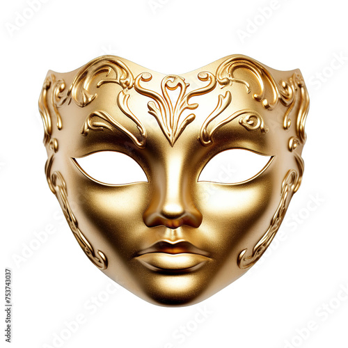 Vivid depiction of a golden opera mask with a single striking eye, isolated on a pristine white background 