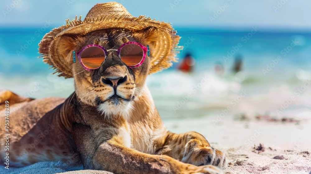 banner lion, lioness in sunglasses and hat on the beach near the sea, looking at the camera. summer vacation by the sea with copy space