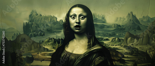 A surprised Mona Lisa eyes wide and mouth agape amidst the familiar landscape photo