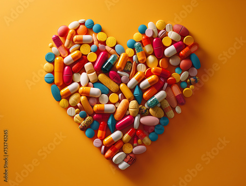 A heart made of pills is on an orange background