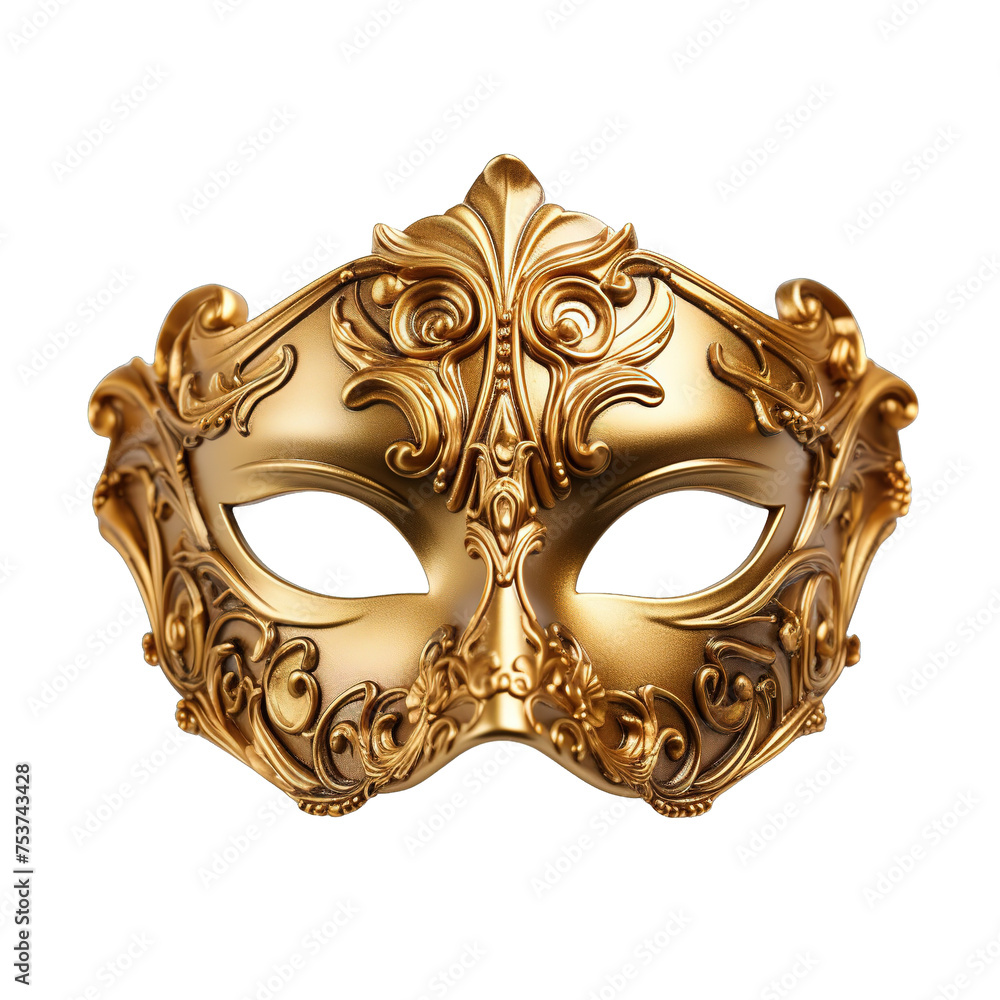 Vivid depiction of a golden opera mask with a single striking eye, isolated on a pristine white background Vivid depiction of a golden opera mask with a single striking eye, isolated on a pristine white background