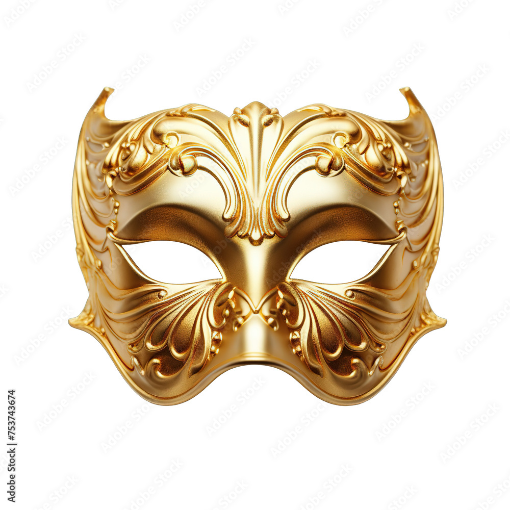 Vivid depiction of a golden opera mask with a single striking eye, isolated on a pristine white background Vivid depiction of a golden opera mask with a single striking eye, isolated on a pristine white background